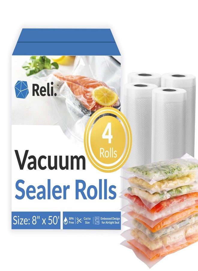 Reli. Vacuum Sealer Bags - 4 Rolls of 8"x50' | 4 Rolls Bulk - 200ft Total | Vacuum Sealer 8inx50ft for Food | BPA Free, Cut to Size | Food Sealing Bags for Sous Vide, Storage, Meal Prep | Clear - Image 1