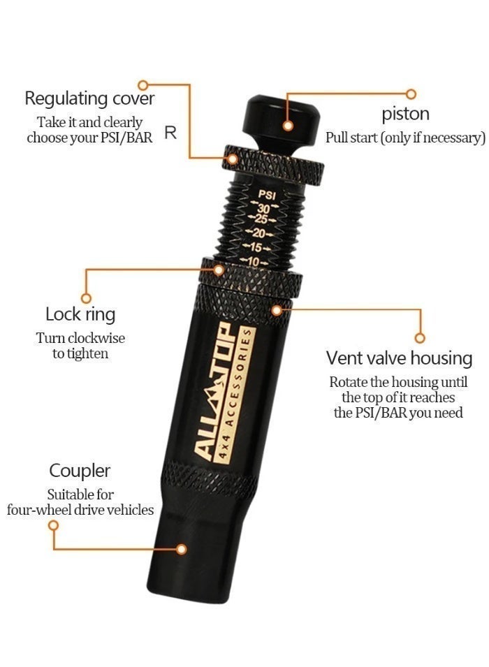 ALL-TOP مجموعة صمام تفريغ الإطارات القابلة للتعديل (10-30 PSI) 4 قطع أداة تفريغ الهواء للإطارات للطرق الوعرة 4x4 (مع 5 أغطية صمامات) - Image 5