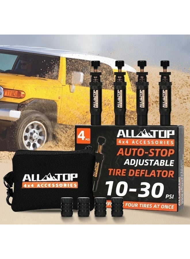 ALL-TOP مجموعة صمام تفريغ الإطارات القابلة للتعديل (10-30 PSI) 4 قطع أداة تفريغ الهواء للإطارات للطرق الوعرة 4x4 (مع 5 أغطية صمامات) - Image 1