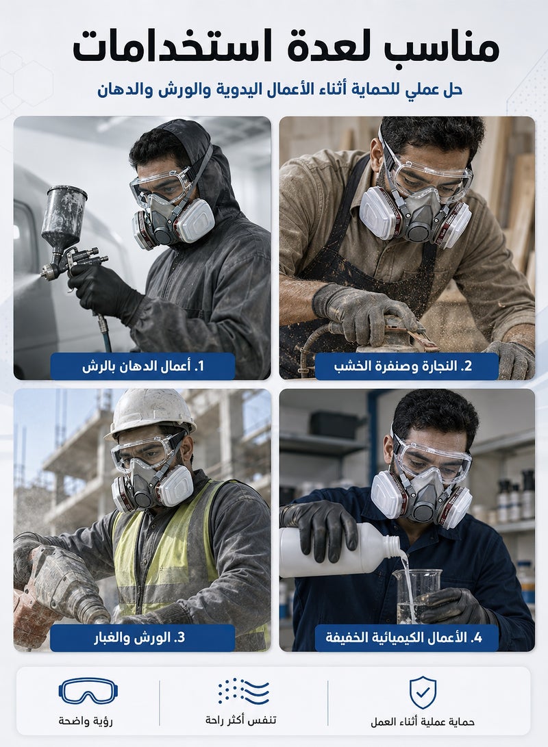 آه آه قناع تنفس نصف وجه قابل لإعادة الاستخدام مع فلاتر، وواقي وجه لحماية الطلاء، ونظارات أمان لأعمال النجارة والكيميائية والطلاء. - Image 4
