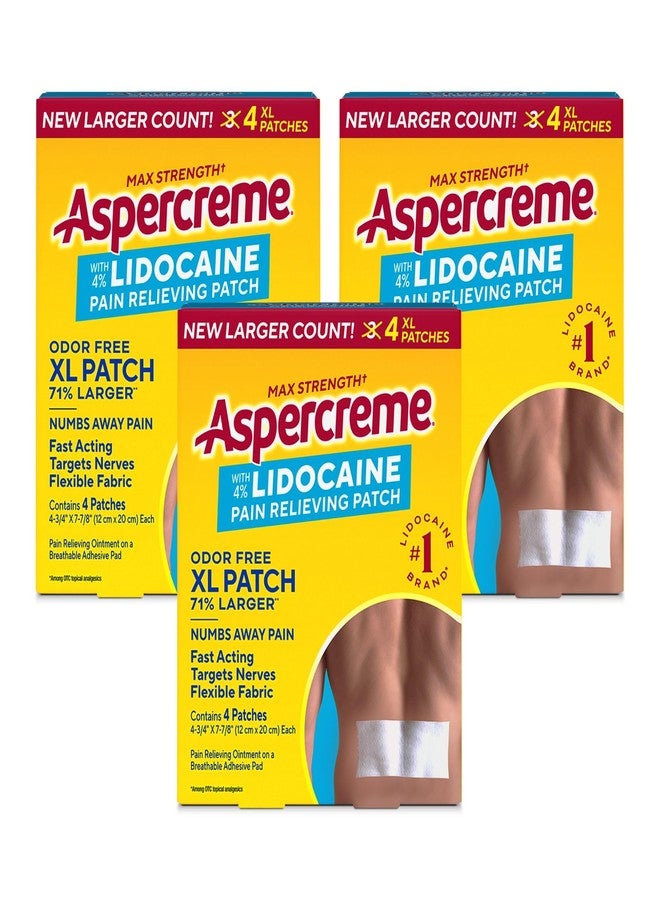 Aspercreme Lidocaine Pain Relief Patch XL for Back, Neck & Shoulder Pain, Topical Patches with Max-Strength 4% Lidocaine & Flexible Fabric Numbs Away Pain, 4 Ct., 3 Pack