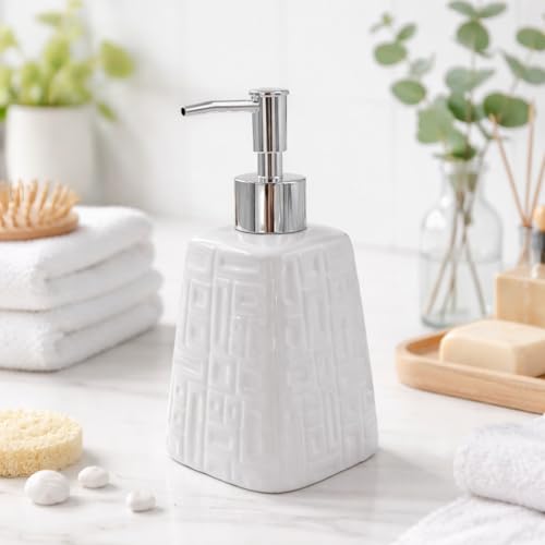 WHIZZO Premium Ceramic Soap Dispenser with ABS Chrome Pump | Refillable Liquid Hand Wash, Lotion & Dish Soap Bottle | Modern Bathroom & Kitchen Countertop Accessory (White Geometric Design, LD-047-D1) - Image 1