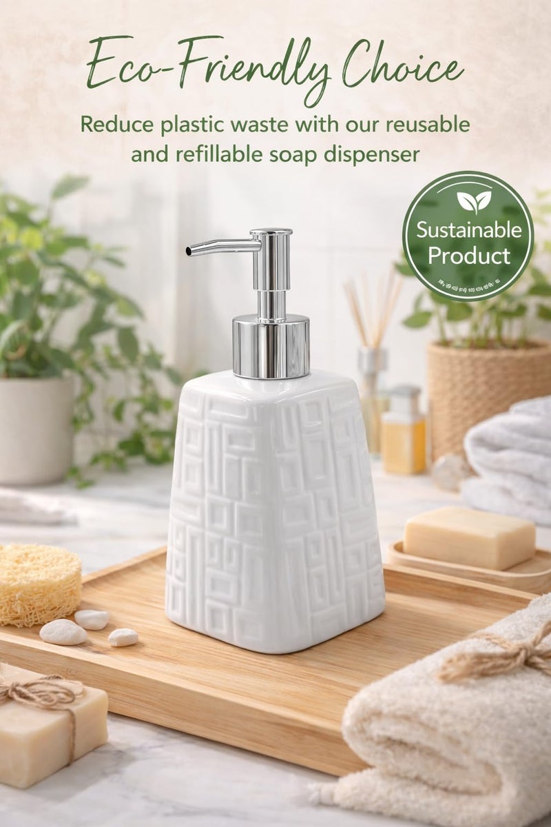WHIZZO Premium Ceramic Soap Dispenser with ABS Chrome Pump | Refillable Liquid Hand Wash, Lotion & Dish Soap Bottle | Modern Bathroom & Kitchen Countertop Accessory (White Geometric Design, LD-047-D1) - Image 3