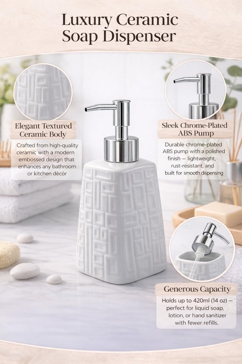 WHIZZO Premium Ceramic Soap Dispenser with ABS Chrome Pump | Refillable Liquid Hand Wash, Lotion & Dish Soap Bottle | Modern Bathroom & Kitchen Countertop Accessory (White Geometric Design, LD-047-D1) - Image 4