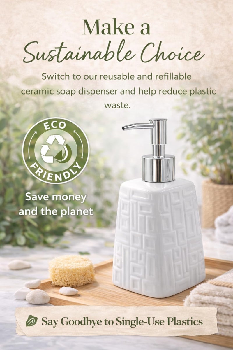 WHIZZO Premium Ceramic Soap Dispenser with ABS Chrome Pump | Refillable Liquid Hand Wash, Lotion & Dish Soap Bottle | Modern Bathroom & Kitchen Countertop Accessory (White Geometric Design, LD-047-D1) - Image 5