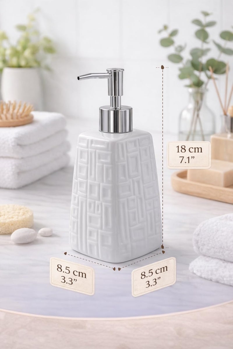 WHIZZO Premium Ceramic Soap Dispenser with ABS Chrome Pump | Refillable Liquid Hand Wash, Lotion & Dish Soap Bottle | Modern Bathroom & Kitchen Countertop Accessory (White Geometric Design, LD-047-D1) - Image 2