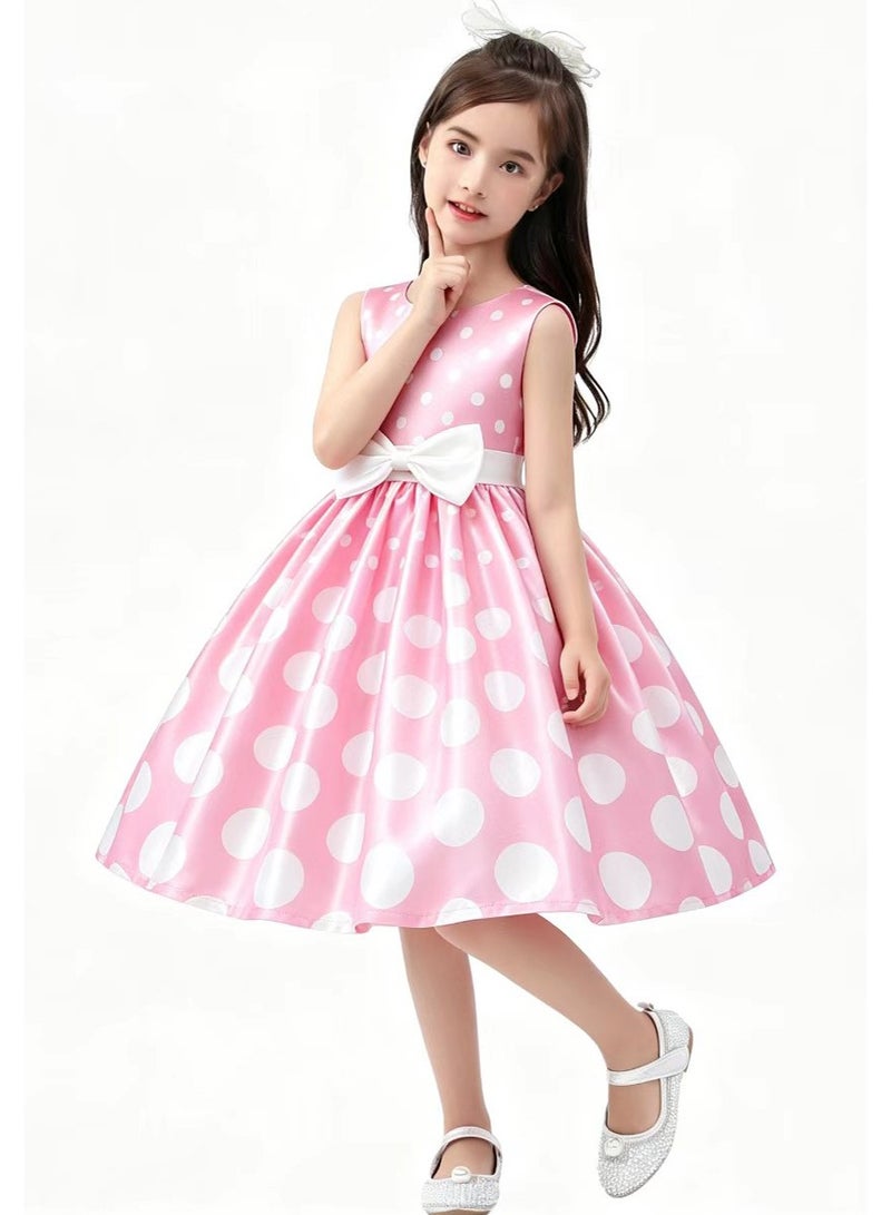 liannaner Kids Satin Pink White Polka Dot Dress Sleeveless Big Bow Waist Swing Skirt Girl Formal Outfit Birthday Party Wedding Pageant Flower Girl Dress - Image 1