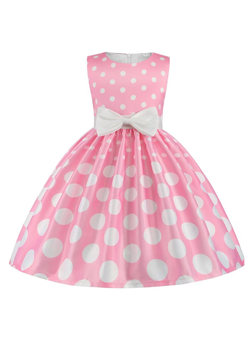 liannaner Kids Satin Pink White Polka Dot Dress Sleeveless Big Bow Waist Swing Skirt Girl Formal Outfit Birthday Party Wedding Pageant Flower Girl Dress - Image 2