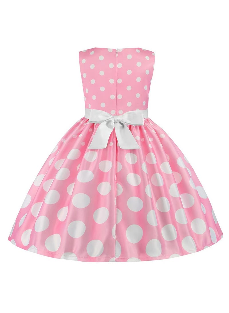 liannaner Kids Satin Pink White Polka Dot Dress Sleeveless Big Bow Waist Swing Skirt Girl Formal Outfit Birthday Party Wedding Pageant Flower Girl Dress - Image 3