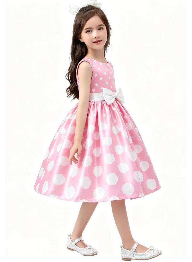 liannaner Kids Satin Pink White Polka Dot Dress Sleeveless Big Bow Waist Swing Skirt Girl Formal Outfit Birthday Party Wedding Pageant Flower Girl Dress - Image 4