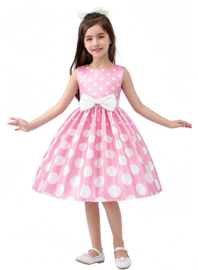 liannaner Kids Satin Pink White Polka Dot Dress Sleeveless Big Bow Waist Swing Skirt Girl Formal Outfit Birthday Party Wedding Pageant Flower Girl Dress - Image 5