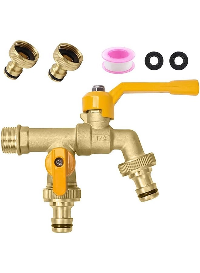 MVAQKLM صنبور مياه للحديقة الخارجية بمخرج مزدوج، محول GHT أنثى نحاسي 3/4 بوصة مع غسالتين وشريط مانع للتسرب، خرطوم توصيل سريع، موزع صنبور مياه عالي التحمل ثنائي الاتجاه. - Image 1