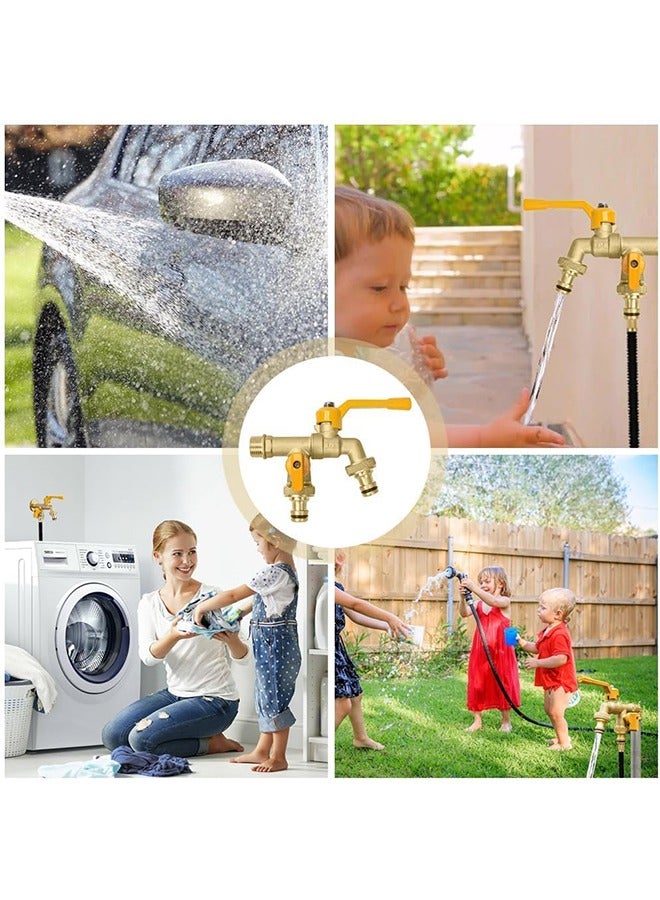 MVAQKLM صنبور مياه للحديقة الخارجية بمخرج مزدوج، محول GHT أنثى نحاسي 3/4 بوصة مع غسالتين وشريط مانع للتسرب، خرطوم توصيل سريع، موزع صنبور مياه عالي التحمل ثنائي الاتجاه. - Image 5