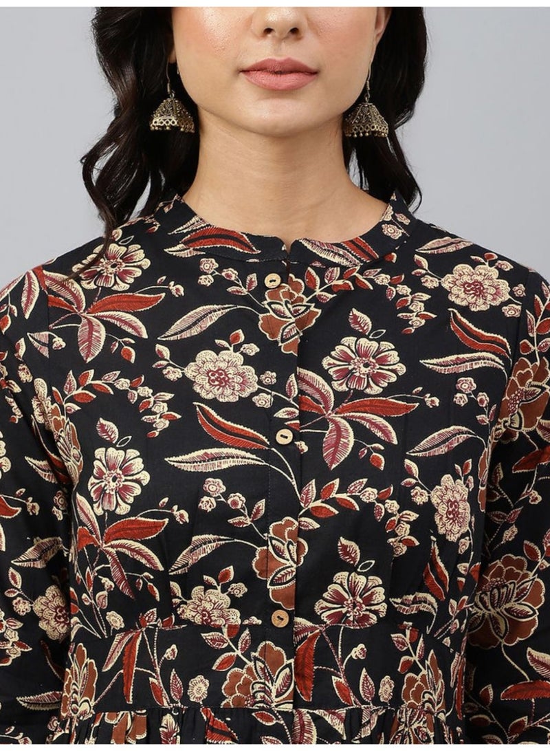 IndHeritage - Premium cotton black dress with brown floral prints - IDH00151 - Image 4