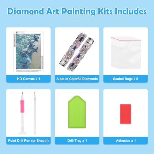 MOGTAA Blue Butterfly Diamond Art Kits for Adults, 5D Seaside Diamond Painting Kits for Adults Beginners, Full Drill Diamond Dots Kits Landscape Gem Painting for Home Decor 12x16 Inch - Image 5