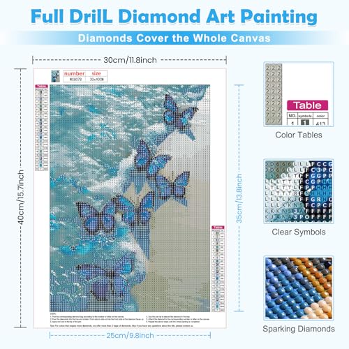 MOGTAA Blue Butterfly Diamond Art Kits for Adults, 5D Seaside Diamond Painting Kits for Adults Beginners, Full Drill Diamond Dots Kits Landscape Gem Painting for Home Decor 12x16 Inch - Image 2