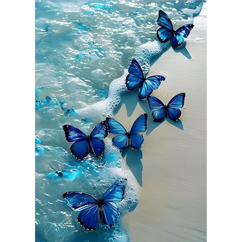 MOGTAA Blue Butterfly Diamond Art Kits for Adults, 5D Seaside Diamond Painting Kits for Adults Beginners, Full Drill Diamond Dots Kits Landscape Gem Painting for Home Decor 12x16 Inch - Image 1