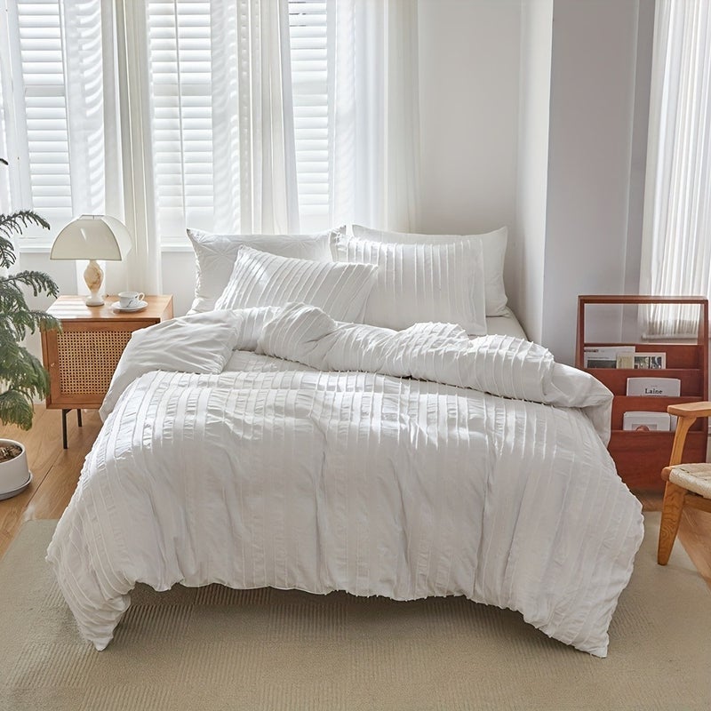 2/3pcs Duvet Cover Set, Striped Print Solid Color Embroidered Bedding Set, Soft Comfortable Duvet Cover, For Bedroom, Guest Room (1*Duvet Cover + 1/2*Pillowcase, Without Core) - Image 3