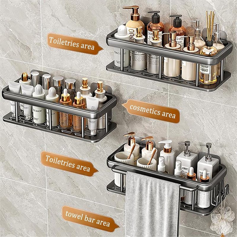 NALACAL Aluminum Shower Caddy Set - 2 Pack Adhesive Bathroom Shelves with Hooks and Towel Rod, Rustproof Organizer (Black) - Image 4
