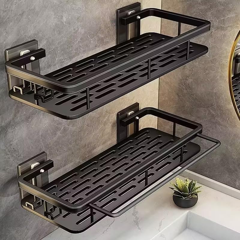 NALACAL Aluminum Shower Caddy Set - 2 Pack Adhesive Bathroom Shelves with Hooks and Towel Rod, Rustproof Organizer (Black) - Image 1