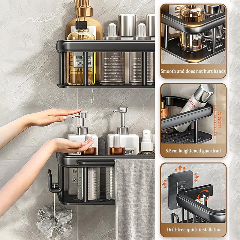 NALACAL Aluminum Shower Caddy Set - 2 Pack Adhesive Bathroom Shelves with Hooks and Towel Rod, Rustproof Organizer (Black) - Image 3