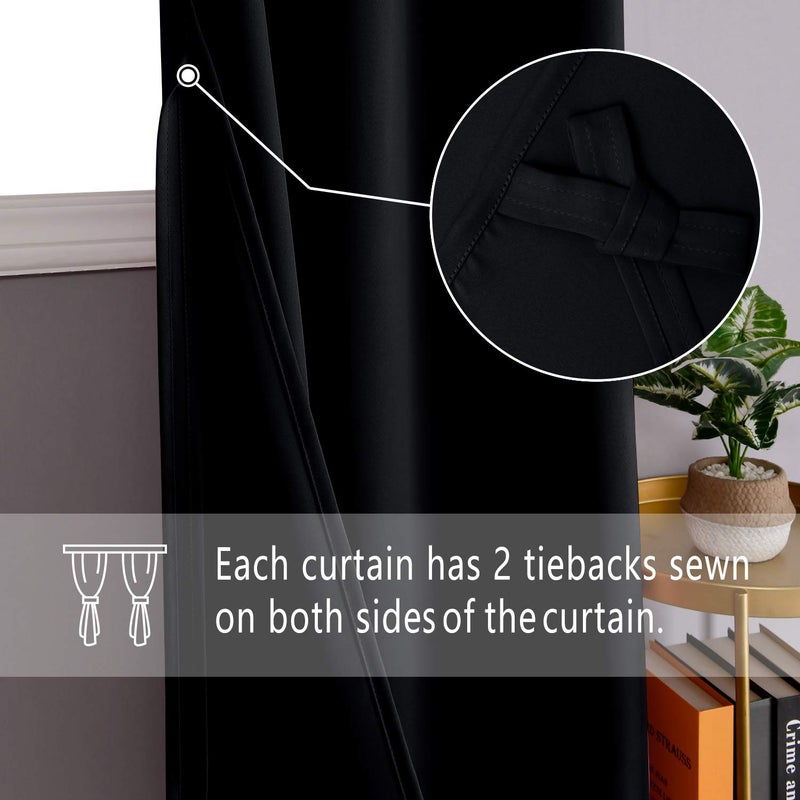 DWCN Black Blackout Curtains for Bedroom Sewn with Tiebacks - Thermal Insulated Light Blocking Grommet Window Curtains for Living Room, 42 x 63 inch Length, Set of 2 Drape Panels - Image 4