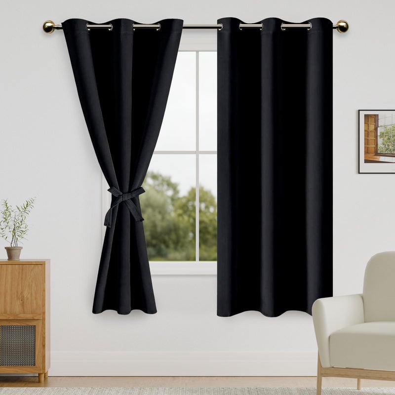 DWCN Black Blackout Curtains for Bedroom Sewn with Tiebacks - Thermal Insulated Light Blocking Grommet Window Curtains for Living Room, 42 x 63 inch Length, Set of 2 Drape Panels - Image 2