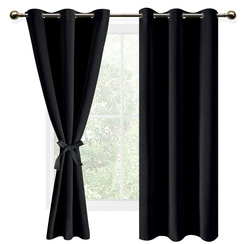 DWCN Black Blackout Curtains for Bedroom Sewn with Tiebacks - Thermal Insulated Light Blocking Grommet Window Curtains for Living Room, 42 x 63 inch Length, Set of 2 Drape Panels - Image 1