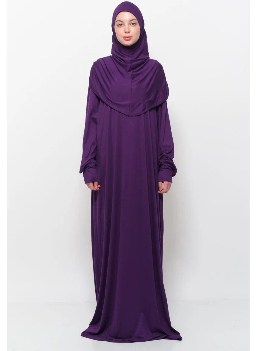 التوبة Practical One Piece Cotton Bat Sleeves Removable Organic Hijab Prayer Dress with Headscarf - Plum