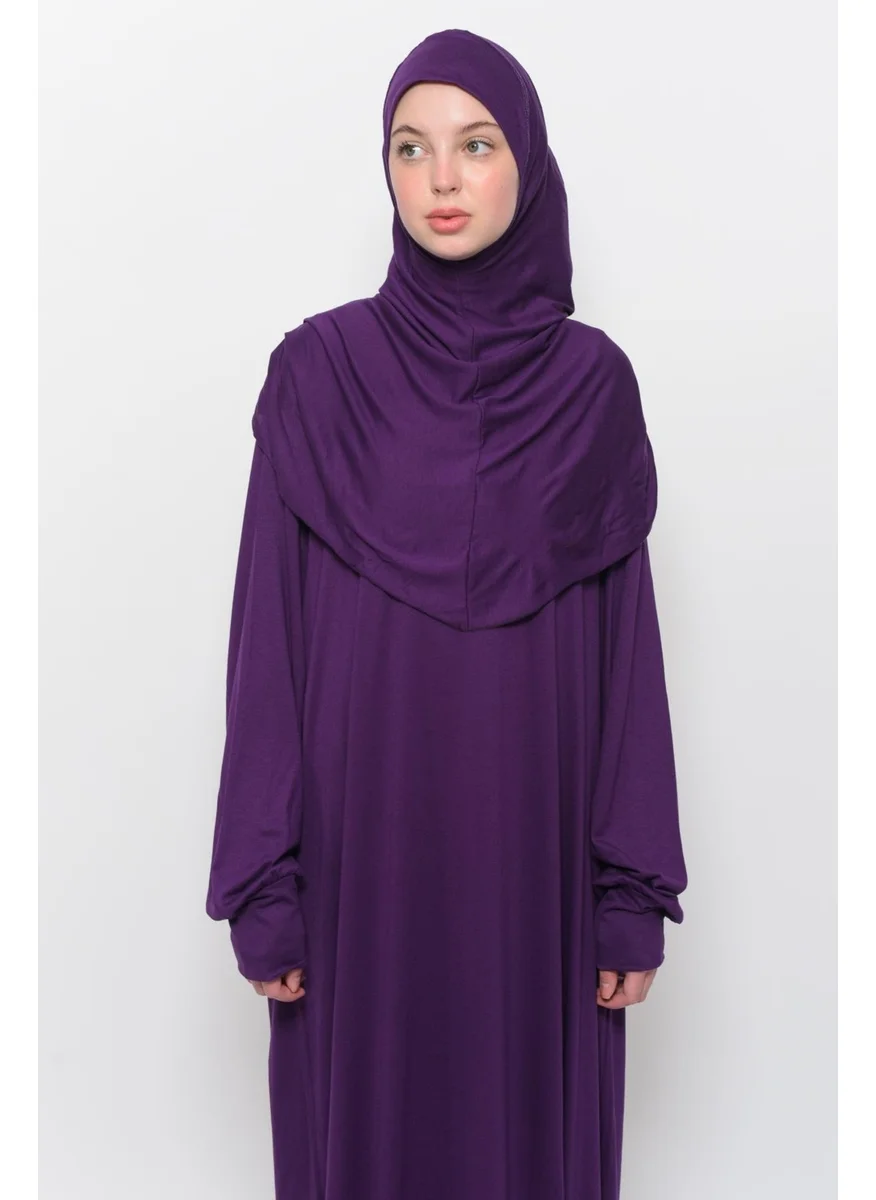 التوبة Practical One Piece Cotton Bat Sleeves Removable Organic Hijab Prayer Dress with Headscarf - Plum