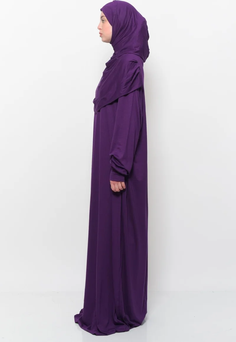 Altobeh Practical One Piece Cotton Bat Sleeves Removable Organic Hijab Prayer Dress with Headscarf - Plum