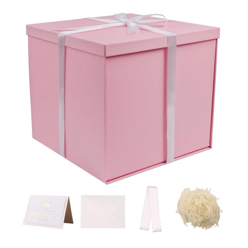 UoeRing Large Gift Box with Lid 12x12x11 Inch,Pink Gift Boxes for Presents Packaging for Birthdays,Valentine's Day,Mother's Day,Christmas with Ribbon Card Envelope Shredded Paper Fill (Matte Pink) - Image 1