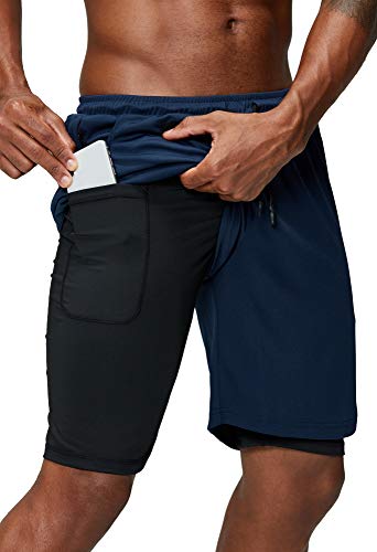 Pinkbomb Men's 2 in 1 Running Shorts Gym Workout Quick Dry Mens Shorts with Phone Pocket (Navy Blue, Large) - Image 1