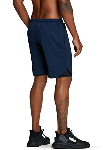 Pinkbomb Men's 2 in 1 Running Shorts Gym Workout Quick Dry Mens Shorts with Phone Pocket (Navy Blue, Large) - Image 5