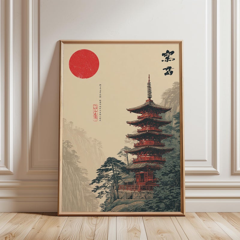 TNESSENTIAL Japanese Pagoda Poster, Vintage Landscape Art, Red Temple Illustration - Image 1