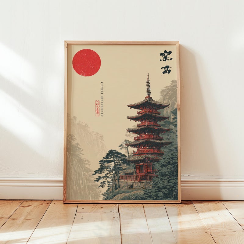 TNESSENTIAL Japanese Pagoda Poster, Vintage Landscape Art, Red Temple Illustration - Image 4