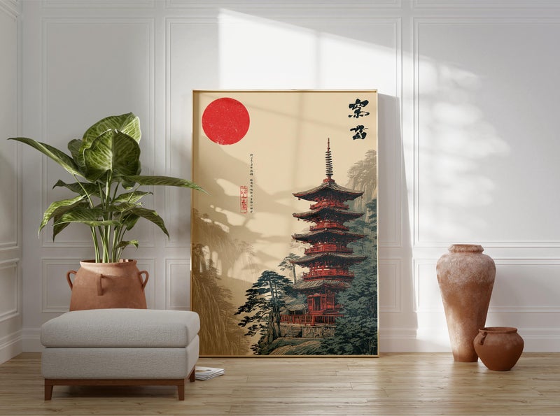 TNESSENTIAL Japanese Pagoda Poster, Vintage Landscape Art, Red Temple Illustration - Image 3
