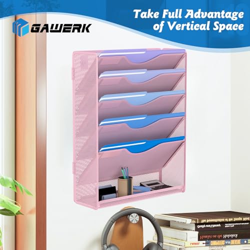 Gawerk 6 Tier Hanging File Organizer, Mesh Wall File Holder Paper Folder Rack with Bottom Flat Tray for Office Home, Pink - Image 5