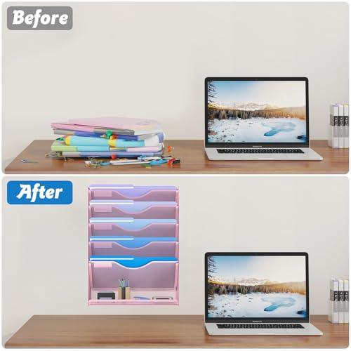 Gawerk 6 Tier Hanging File Organizer, Mesh Wall File Holder Paper Folder Rack with Bottom Flat Tray for Office Home, Pink - Image 4