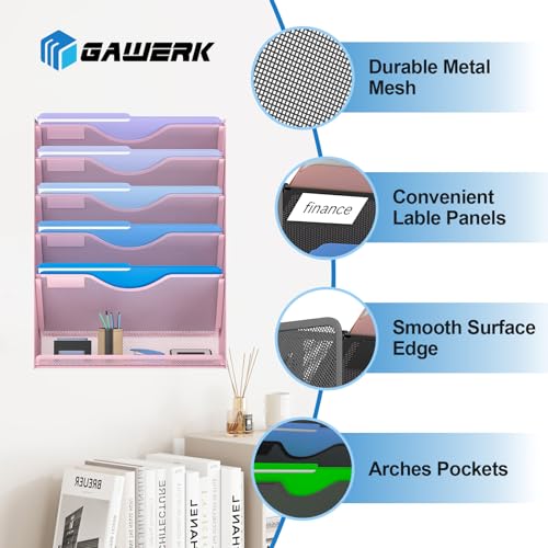 Gawerk 6 Tier Hanging File Organizer, Mesh Wall File Holder Paper Folder Rack with Bottom Flat Tray for Office Home, Pink - Image 3