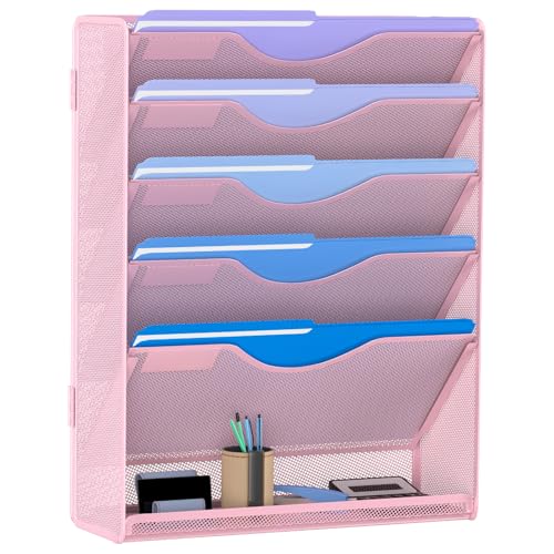 Gawerk 6 Tier Hanging File Organizer, Mesh Wall File Holder Paper Folder Rack with Bottom Flat Tray for Office Home, Pink - Image 1