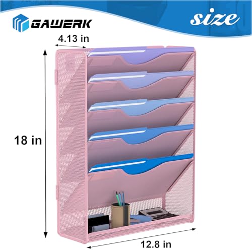 Gawerk 6 Tier Hanging File Organizer, Mesh Wall File Holder Paper Folder Rack with Bottom Flat Tray for Office Home, Pink - Image 2