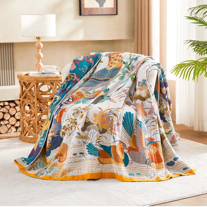 XIBLC Fall Throw Blanket for Couch, Yellow Boho Decorative Throw Blanket, 100% Cotton Muslin Breathable Woven Farmhouse Blankets Quilt, 50"x60" Reversible Lightweight Blankets Bohemian Throw Quilt - Image 2