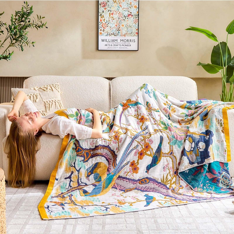 XIBLC Fall Throw Blanket for Couch, Yellow Boho Decorative Throw Blanket, 100% Cotton Muslin Breathable Woven Farmhouse Blankets Quilt, 50"x60" Reversible Lightweight Blankets Bohemian Throw Quilt - Image 4