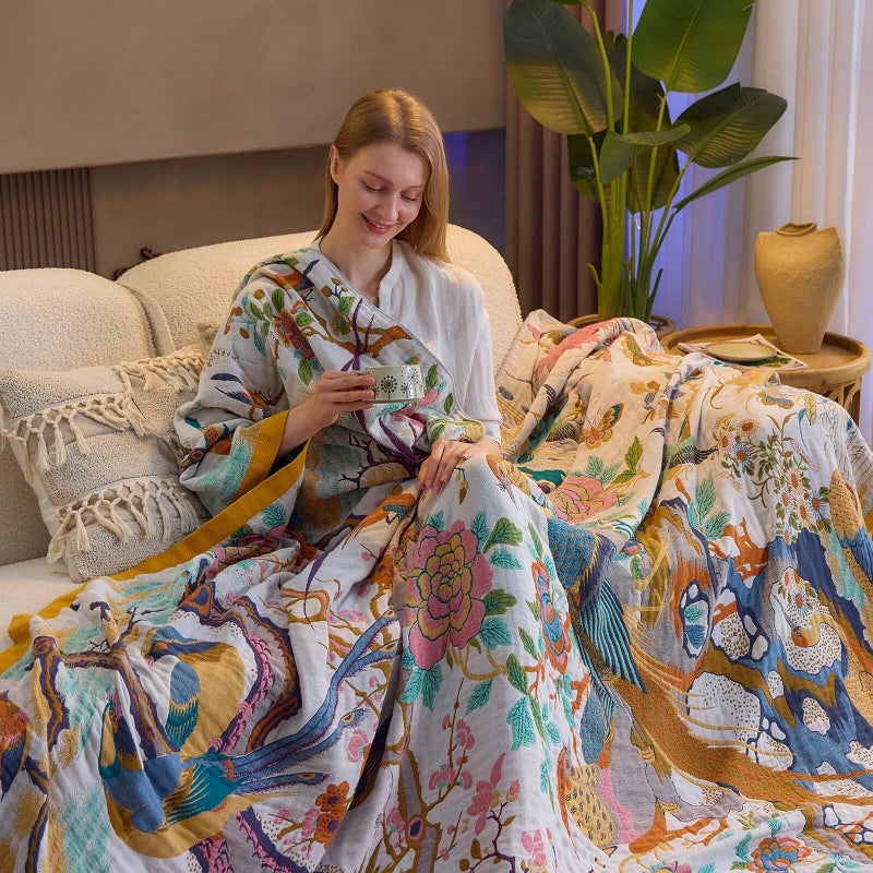XIBLC Fall Throw Blanket for Couch, Yellow Boho Decorative Throw Blanket, 100% Cotton Muslin Breathable Woven Farmhouse Blankets Quilt, 50"x60" Reversible Lightweight Blankets Bohemian Throw Quilt - Image 5