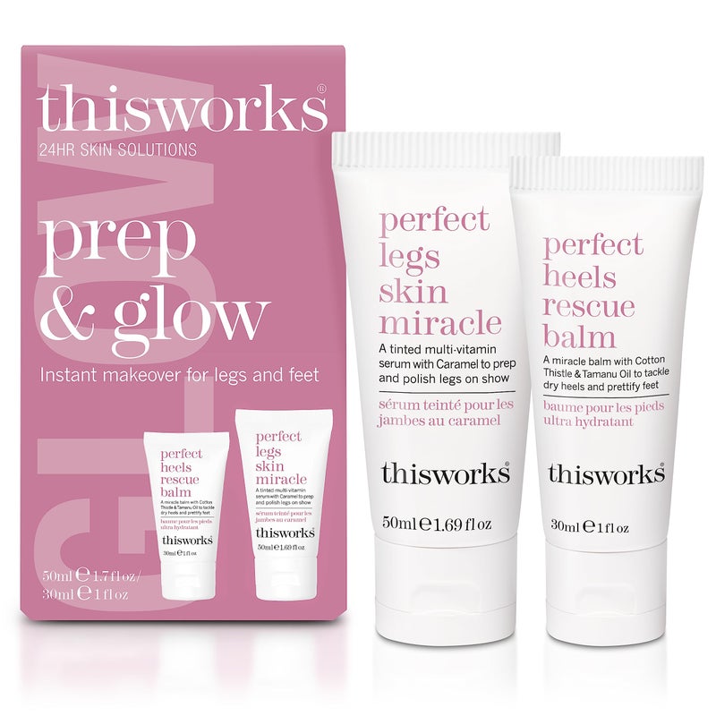 THISWORKS Prep and Glow Gift Set Travel Size Kit with Perfect Legs Skin Miracle and Perfect Heels Rescue Balm Foot Cream Nourishing Hydrating Bodycare Duo