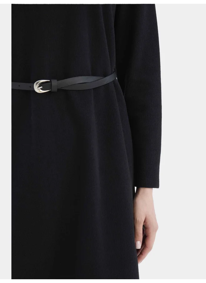 ديفاكتو DeFacto Women Black Regular Fit Crew Neck Belted Maxi Dress