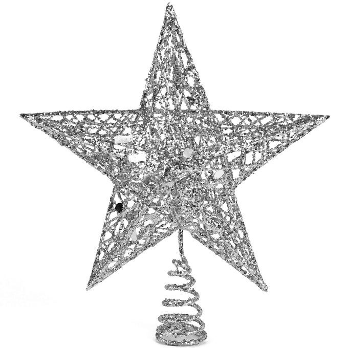 SILVER STAR TREE TOPPER CHRISTMAS SILVER GLITTER SPARKLE STAR ORNAMENT HOLIDAY DECOR TOP TOPPERS XMAS DECORATION 9