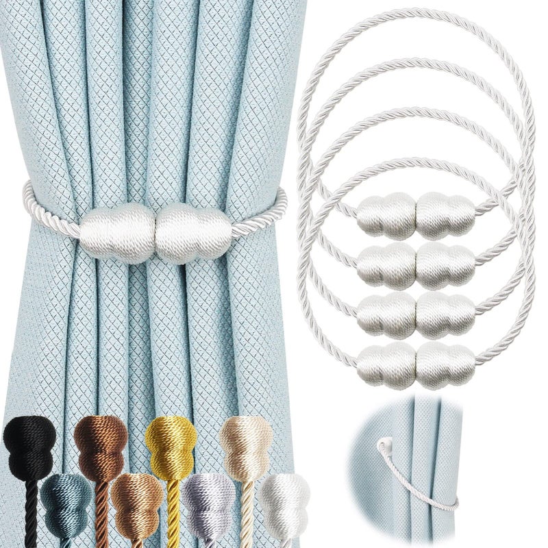 Hangtty Magnetic Curtain Tiebacks 4 Pack Rope Decorative Curtain Tie Backs Elegant Curtain Holders for Drapes Outdoor Window Treatment Holdbacks White