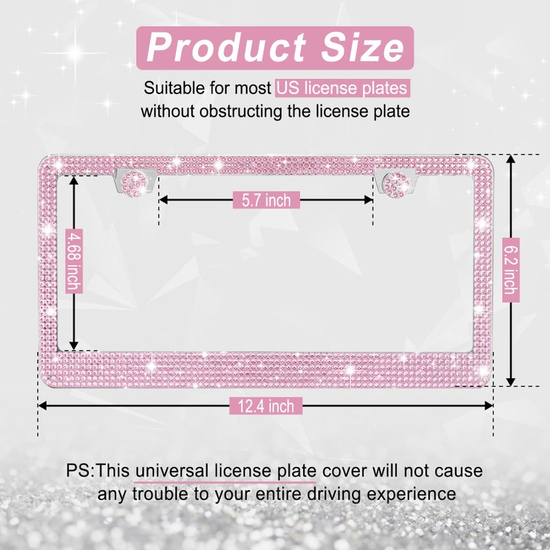 Amiss Bling License Plate Frame for Women, 2Pack Rhinestone Handcrafted Crystal Premium Stainless Steel, Stainless Steel Car Accessories with Diamond Sparkle Glitter Caps (Pink) - Image 2